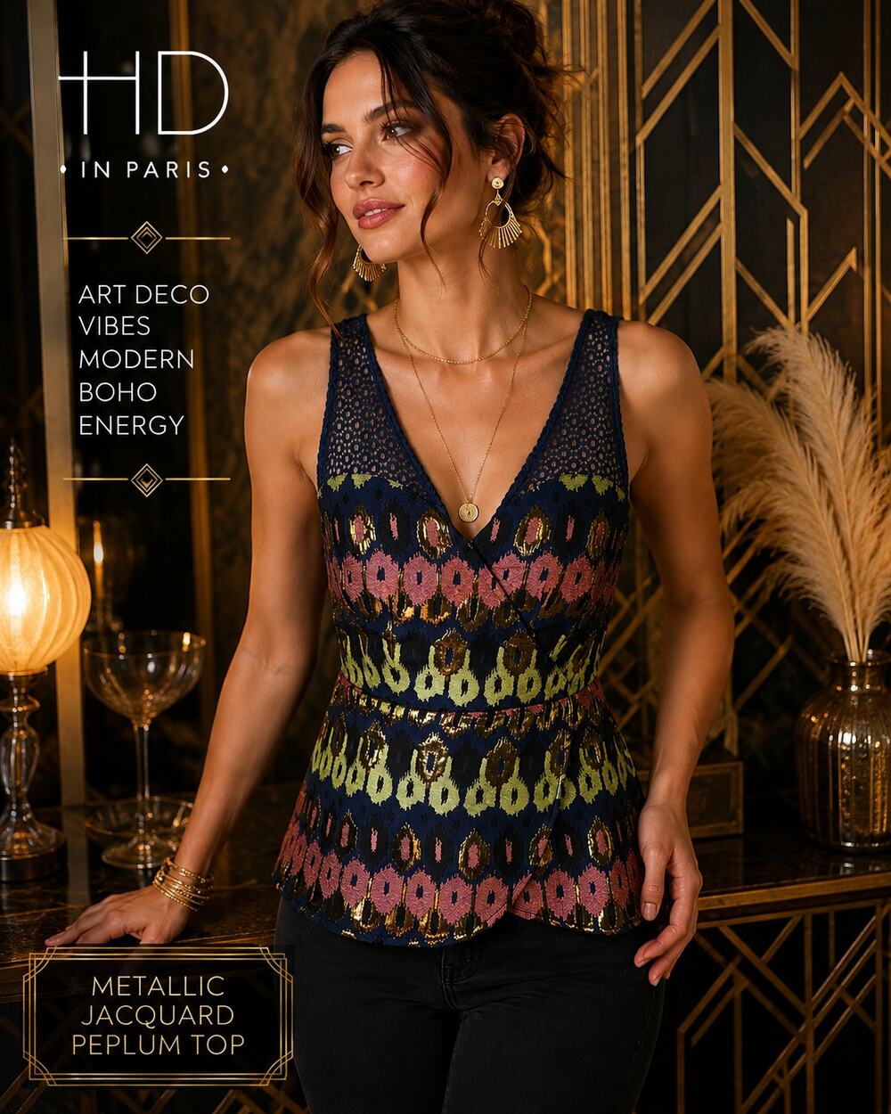 HD in Paris Anthropologie Peplum Top Size 0 Navy Metallic Jacquard Crochet Party